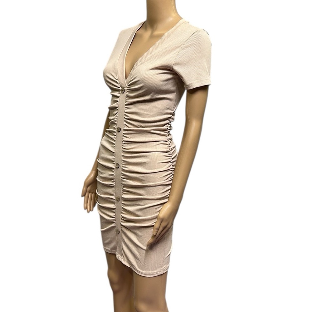 Beyove Ruched Bodycon Ribbed V Neck Button Front Short Sleeve Mini Dress Small - Picture 3 of 10
